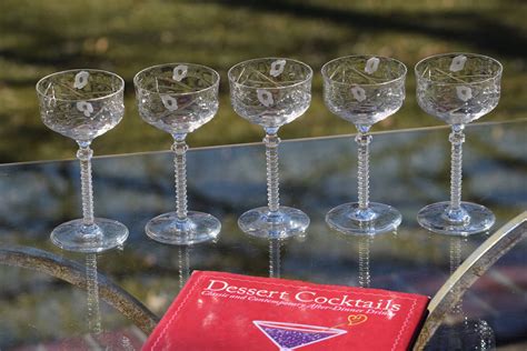 vintage etched crystal liquor ~ wine cordial glasses set of 5 circa