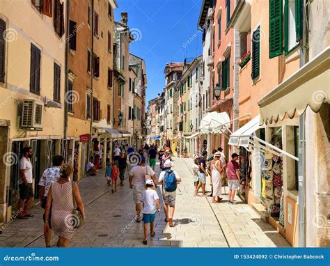 a view of main street in the old town of rovinj croatia the street is