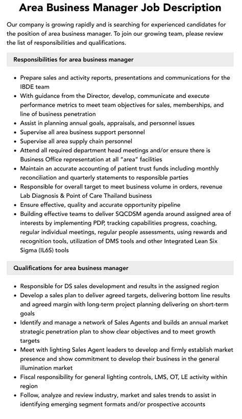 Area Business Manager Job Description Velvet Jobs