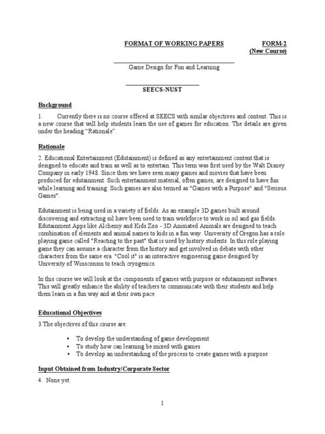 format  working papers form    game design design