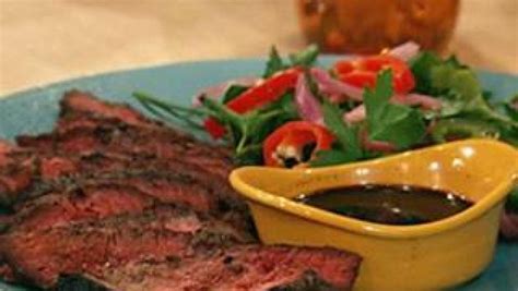 michael symon s grilled hanger steak with steak sauce and pickled