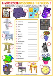 living room objects esl vocabulary worksheets