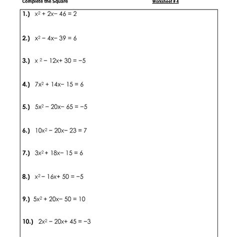 solving quadratic equations  completing  square worksheet db