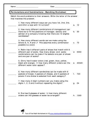 permutations  combinations independent practice worksheet answer key