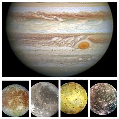 jupiter with its four galilean moons from left to right europa