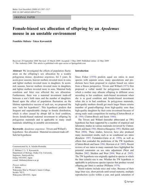 pdf female biased sex allocation of offspring by an apodemus mouse in