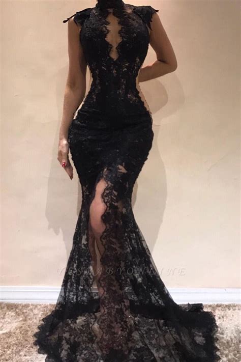 sexy black lace mermaid evening dresses high keyhole neck sheer slit