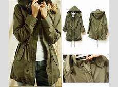 Womens Hoodie Drawstring Army Green Military Trench Parka Jacket Coat