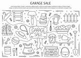 Garage Elements Vector Yard Doodle Household Horizontal Drawn Goods Banner Illustration Template Line Hand Background Used sketch template