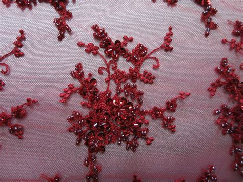 red floral embroidered beaded lace sequin mesh fabric  fabric universe