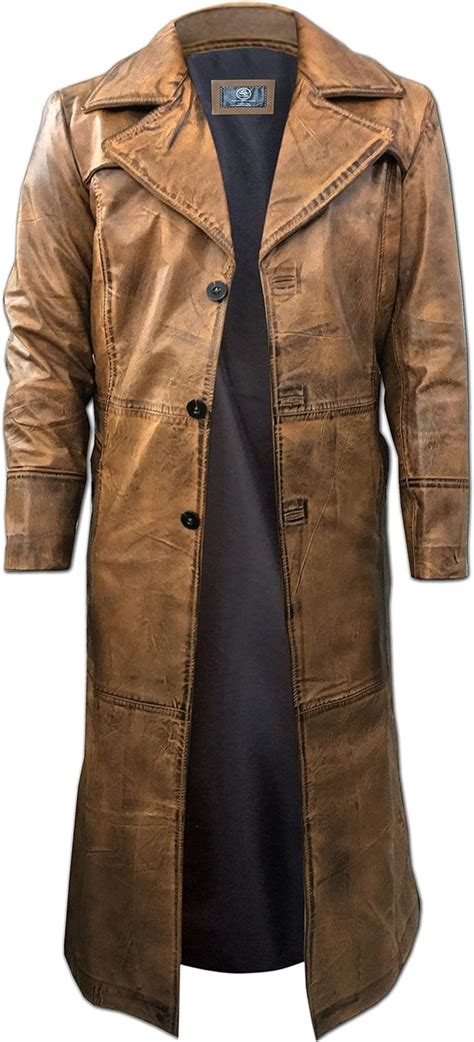 shway mens leather trench coat  men long jacket vintage