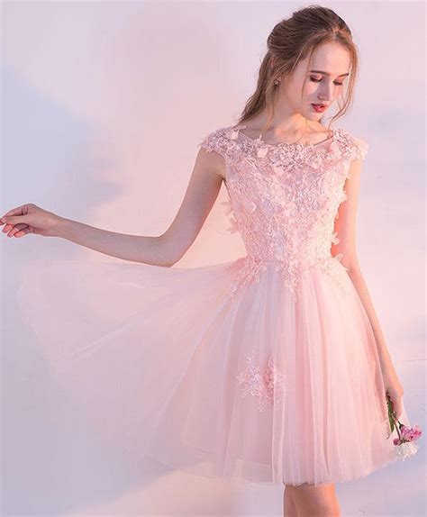 Pink Lace Tulle Short Prom Dress Lace Evening Dress