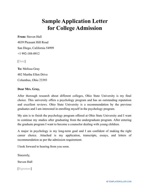 sample application letter  college admission  printable  templateroller