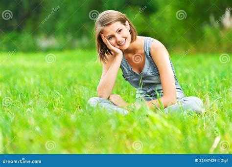 Woman Sitting On Green Meadow Stock Image Image Of Background Joyful