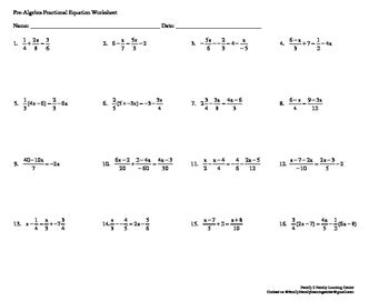 pre algebra fractional equation worksheet tpt