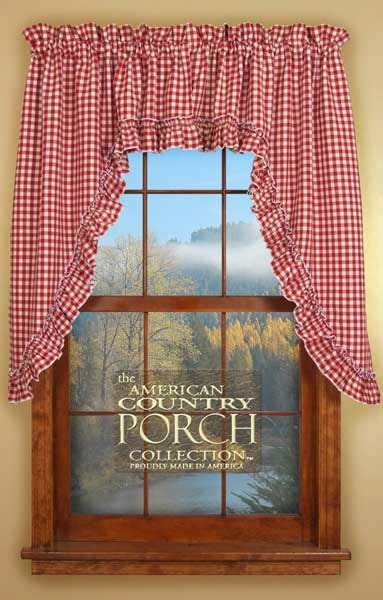 country porch features cottage red check ruffled window curtain