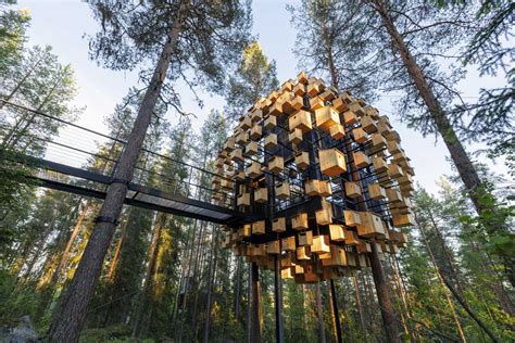 bird houses cover  suspended hotel room   swedish forest architecture collection