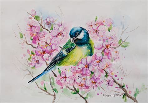 pink flower painting bird watercolor paintings birds painting flower