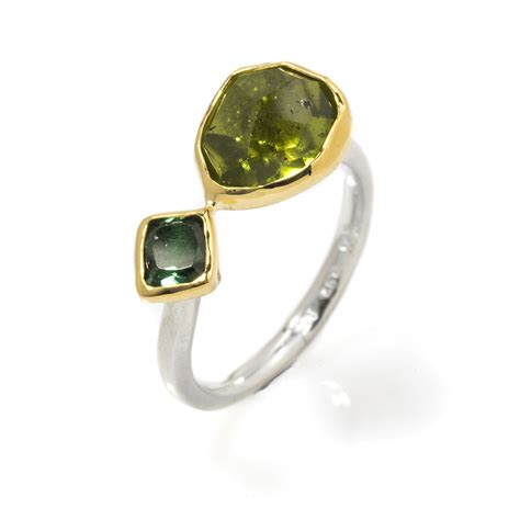 margoni peridot green tourmaline gold bezel silver ring