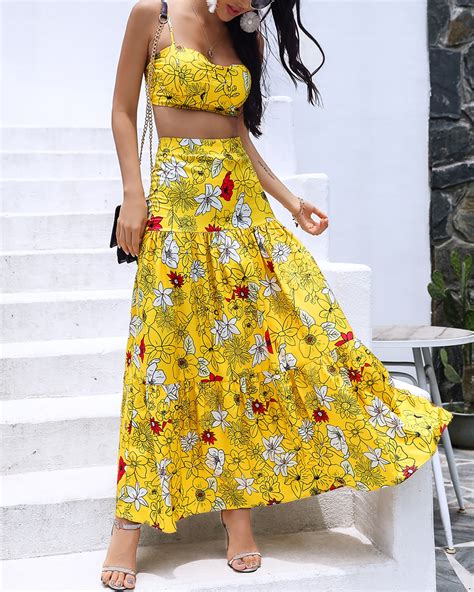 two piece floral print crop top and maxi skirt set spaghetti strap crop