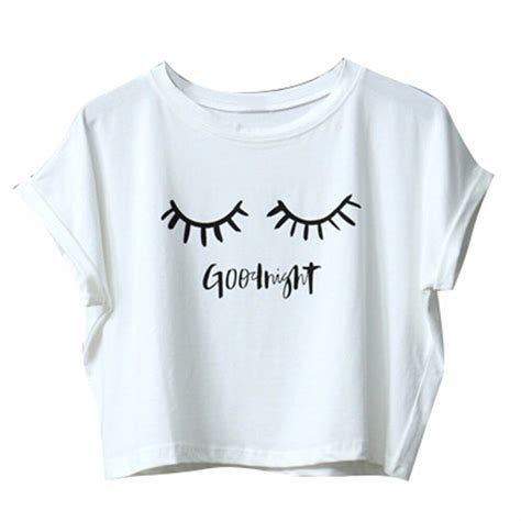 Good Night Women S Casual Cute Eyelash Print T Shirt Crop Top Short