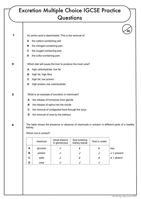 gcse biology multiple choice topic question pack  excretion