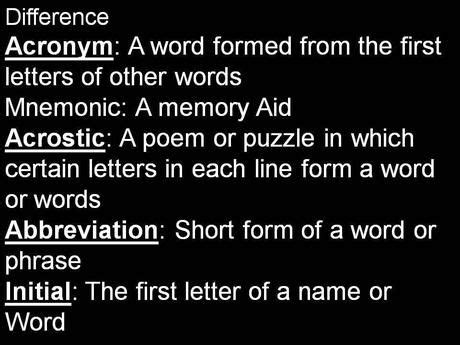difference  mnemonic acronym acrostic abbreviation