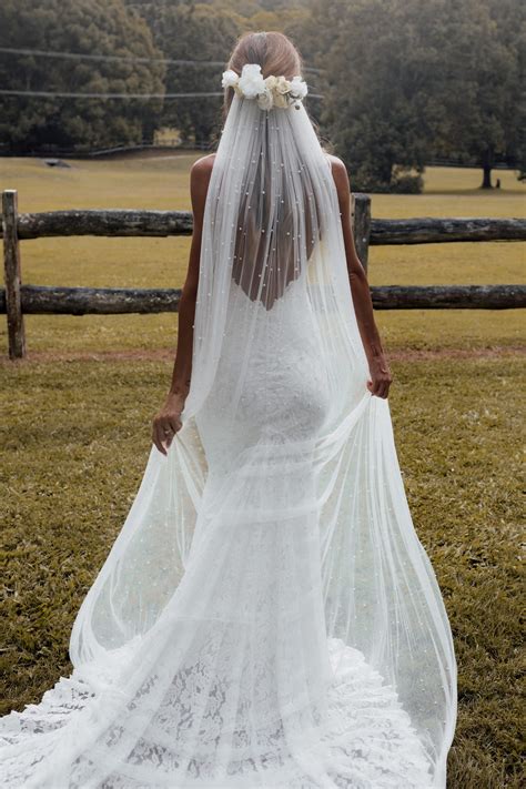 Pearly Long Veil Bridal Veil With Pearls Grace Loves Lace