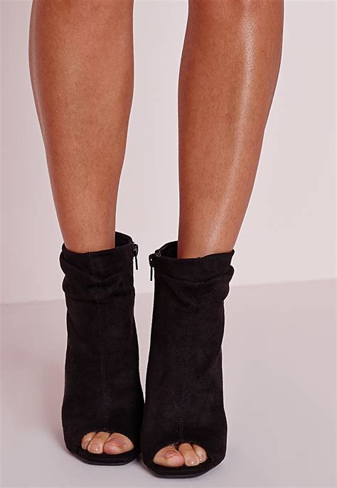 missguided ruched detail peep toe ankle boots black  black lyst