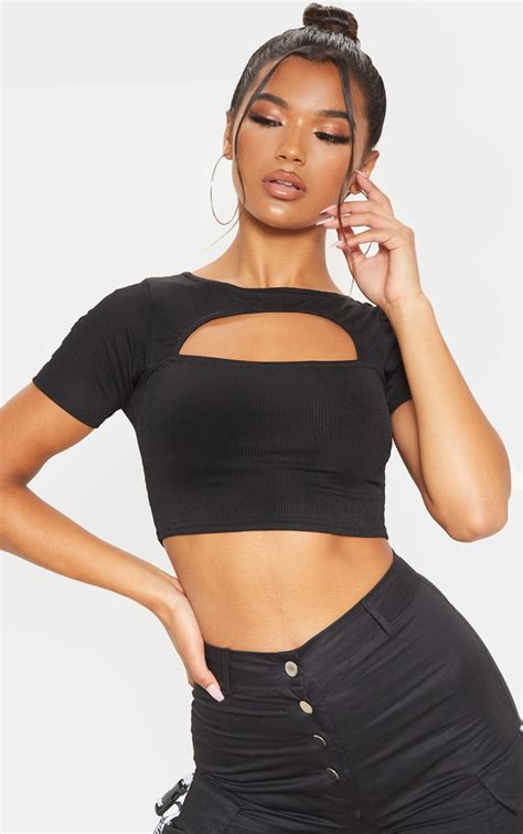 black cut  detail ribbed crop top tops prettylittlething