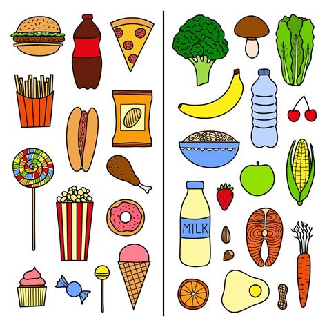 set  healthy  unhealthy food  vector art  vecteezy