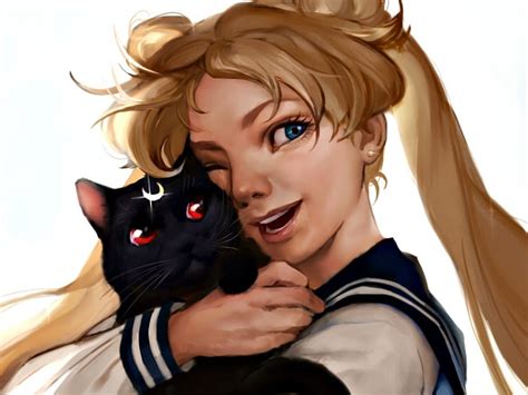 sailor moon and luna white black blonde art smile cat serenity