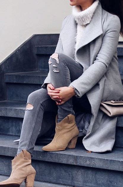 ways  wear street style fashion grey coat boots outfit ankle