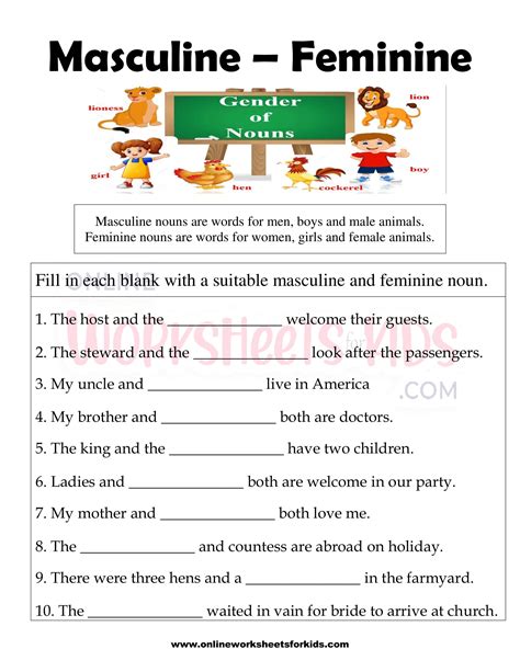 masculine  feminine gender worksheets