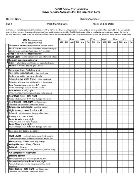school bus pre trip inspection cheat sheet fill  printable