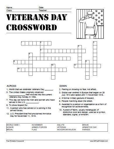 veterans day crossword math worksheets  printable math