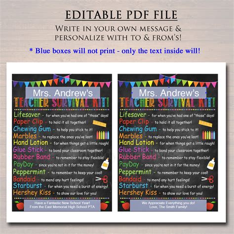 editable teacher survival kit printable   school teacher gift