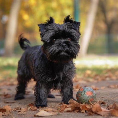 een zwarte hond staat naast een bal met het woord weet niet wat erop staat premium foto