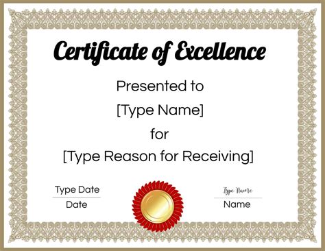 certificate  excellence editable  printable