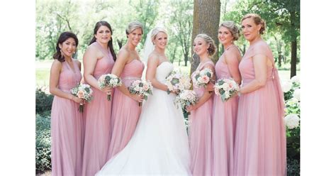 these six bridesmaids wore different styles of floor length pink