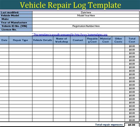 vehicle repairing log templates printable word excel
