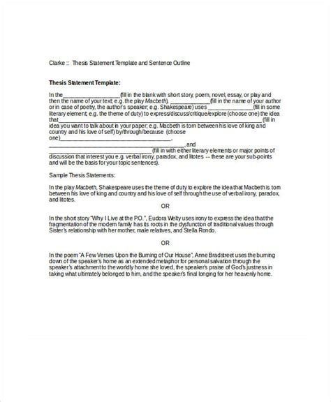 thesis statement template    word documents