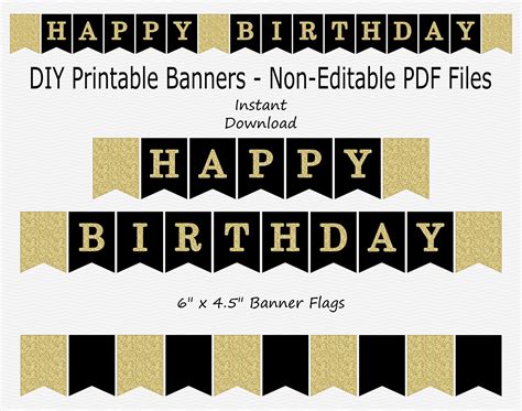 happy birthday banner black gold glitter printable instant