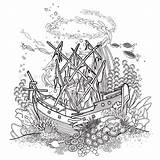 Sunken Schiff Versunkenes Shipwreck Gedaald Schip Oud Underwater Koraalrif Korallenriff Altes Coloringhome Gebrochen Historisch sketch template