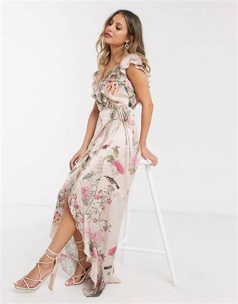 lipsy  abbey clancy wrap front ruffle midi dress  pink floral print sequin  shirt dress
