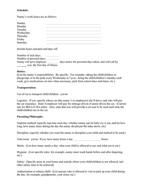 sample nanny contract  word   formats page