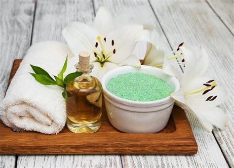 spa products  white lily stock image image  natural cotton