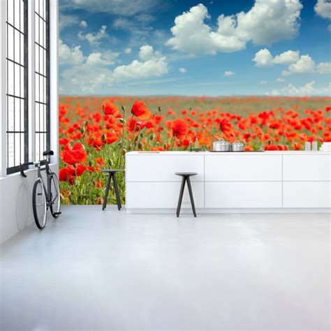 poppy field flowers landscape wall mural wallpaper