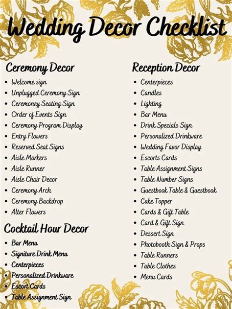 wedding decor checklist  gold flowers