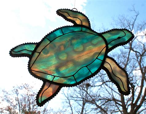 stained glass sea turtle suncatcher peacock  stainedglasswhimsy